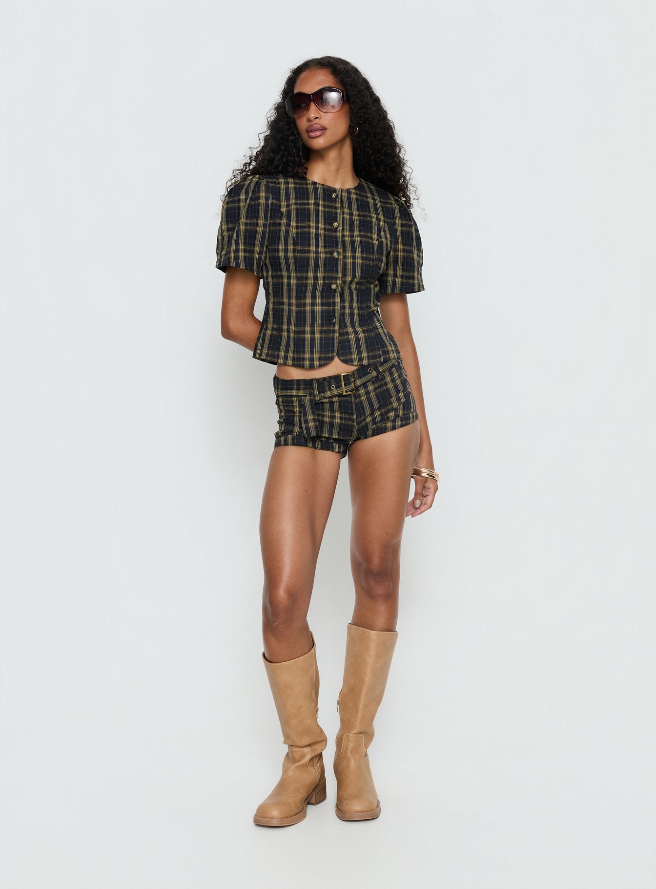 Femme Blouse Top Navy / Lemon Plaid