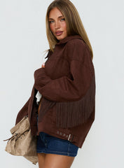 Goldsmith Faux Suede Tassel Bomber Jacket Chocolate