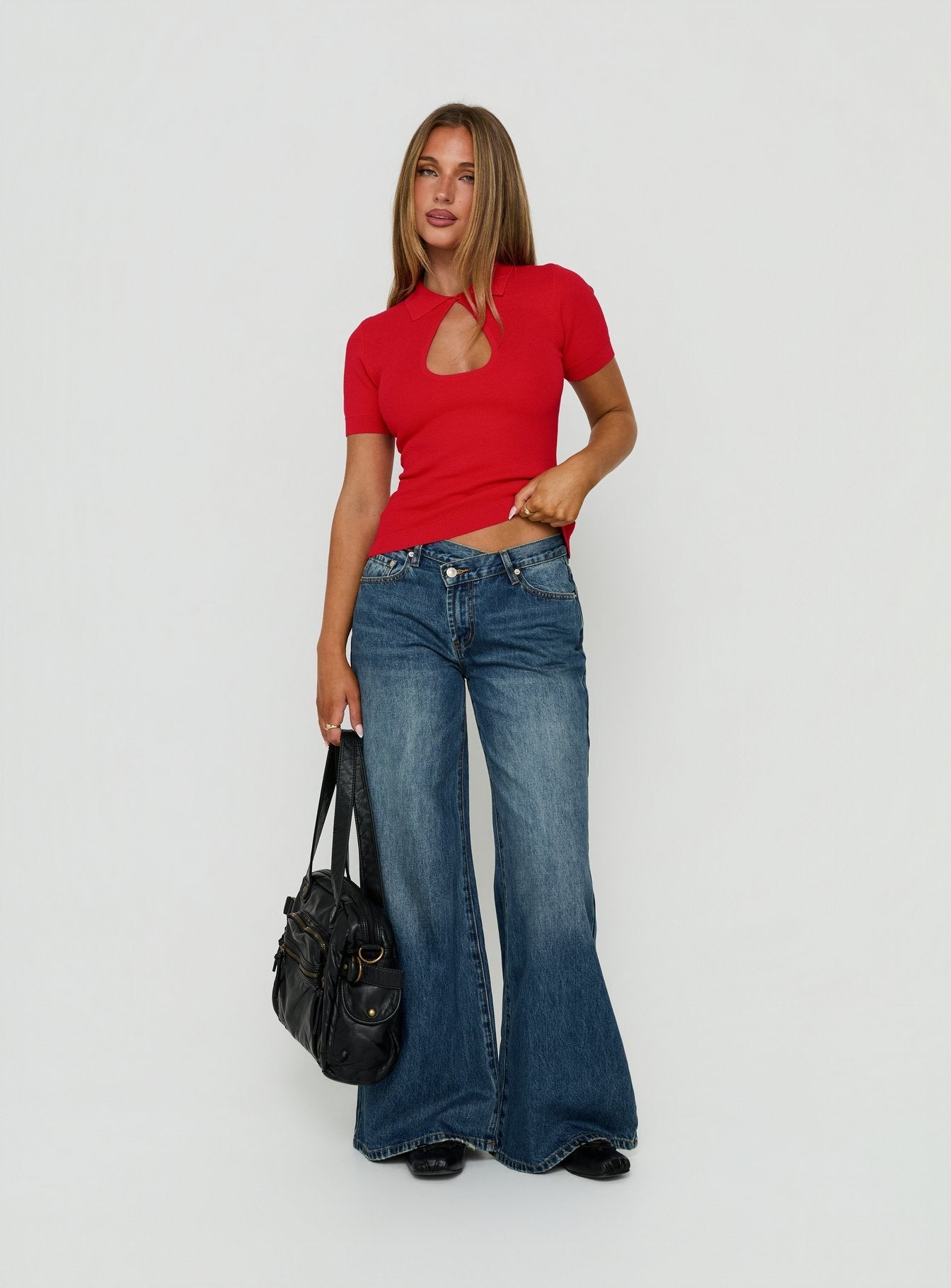 Celinia Mid Rise Asymmetrical Baggy Jeans Dark Indigo