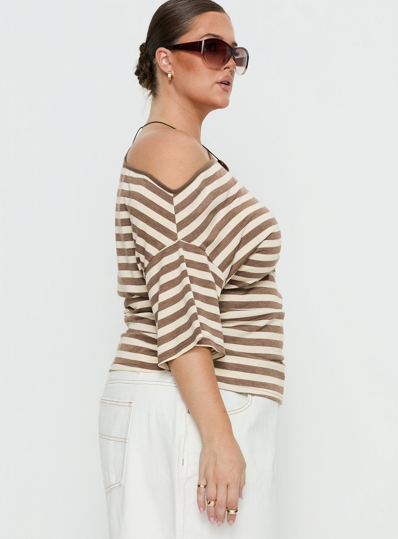 Emlynn Off Shoulder Top Brown Stripe Curve