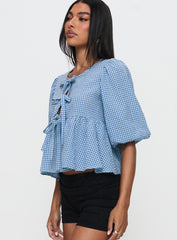 Full House Tie Up Blouse Top Blue Plaid
