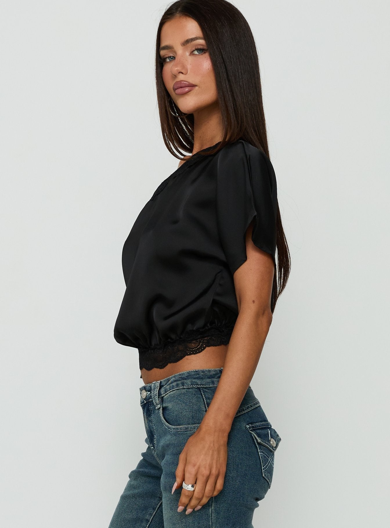 Full Send Off Shoulder Lace Trim Top Black