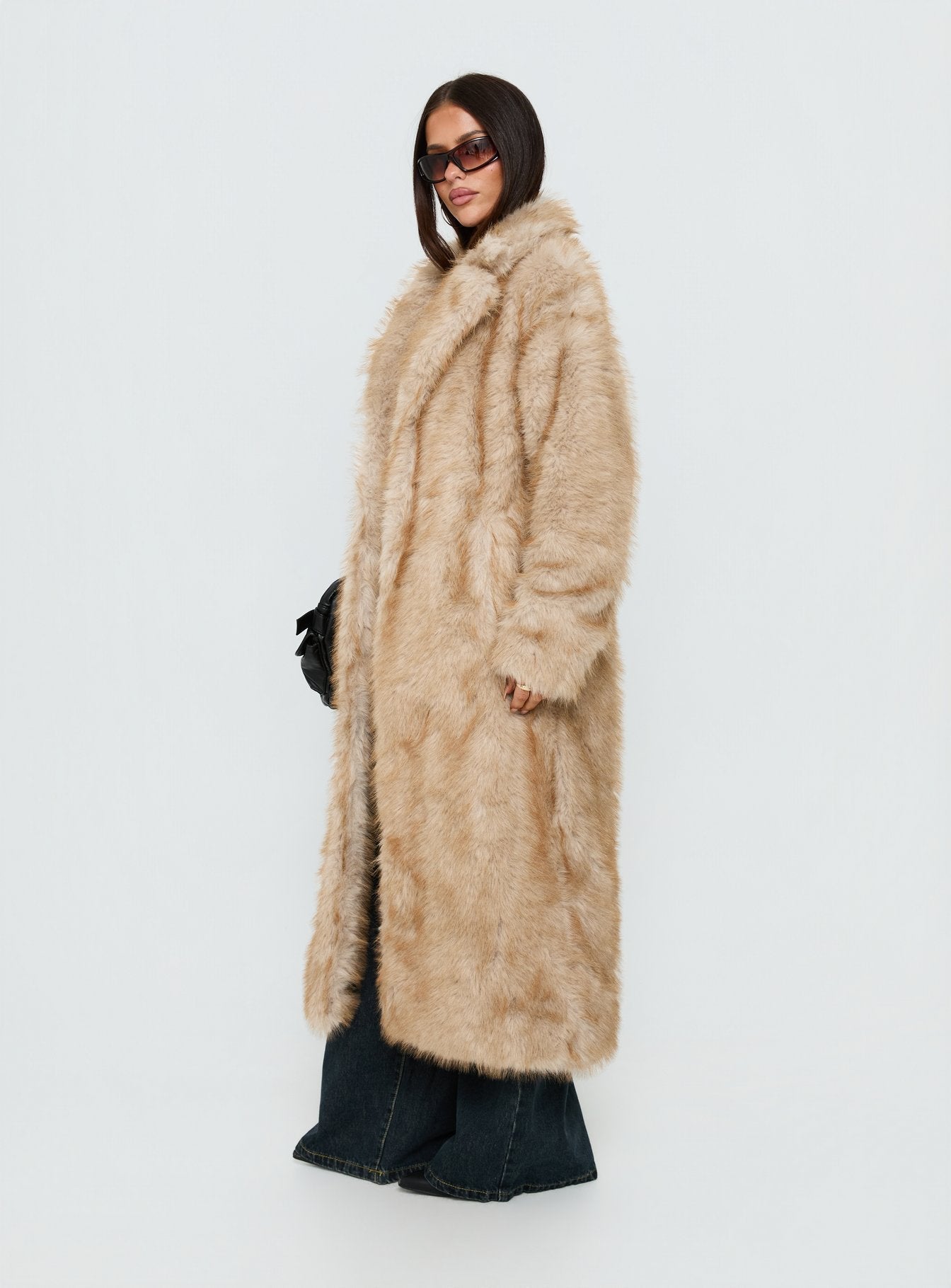 End Of Beginning Faux Fur Longline Jacket Beige