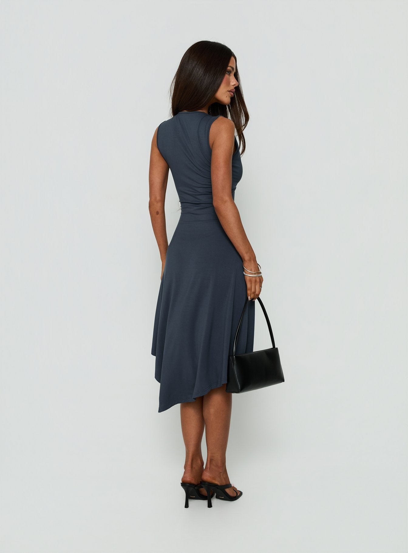 Louisia V Neck Hanky Hem Midi Dress Charcoal
