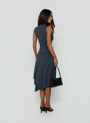 Louisia V Neck Hanky Hem Midi Dress Charcoal