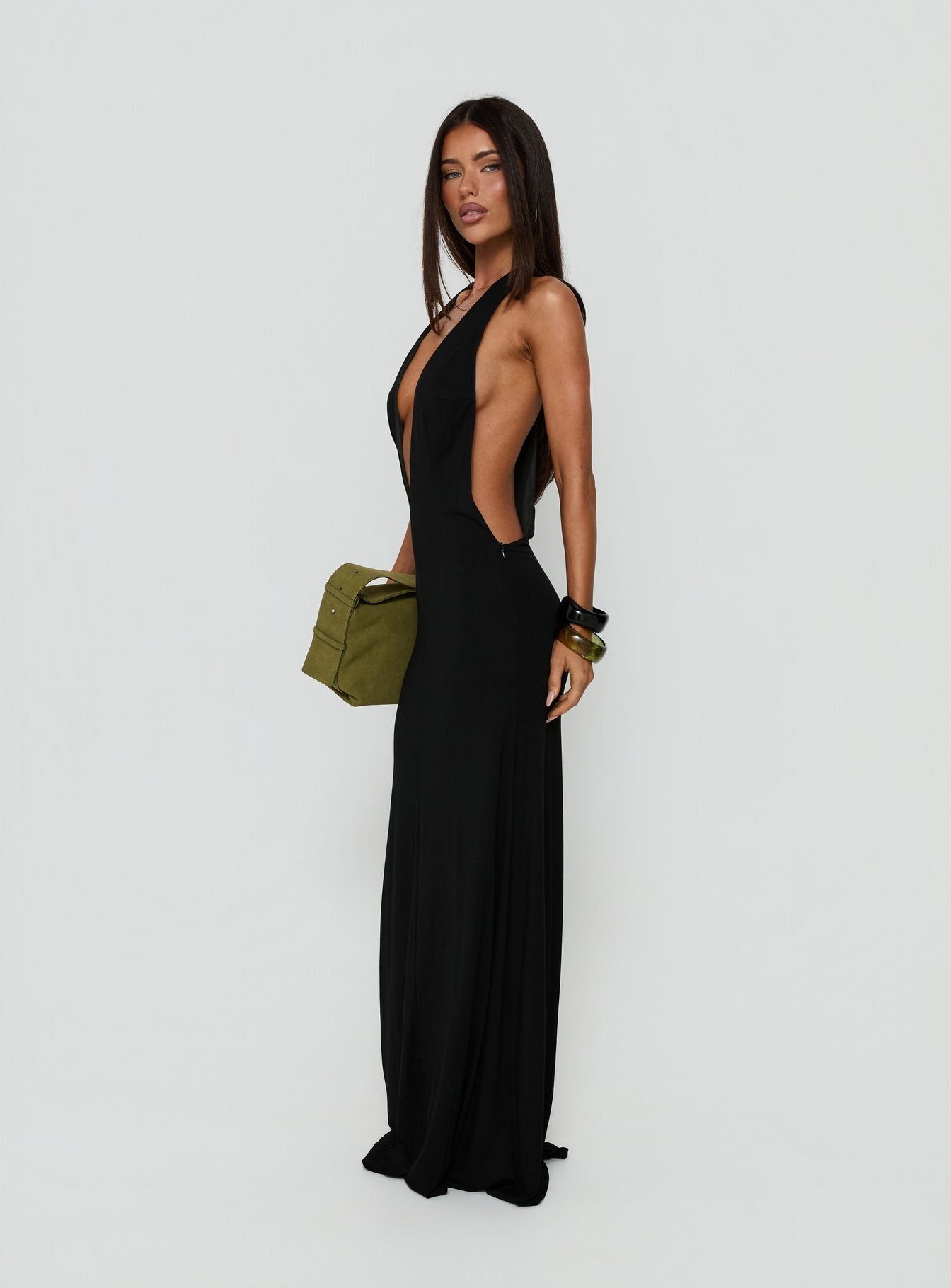Think About Me Plunge Neck Racerback Maxi Dress Black