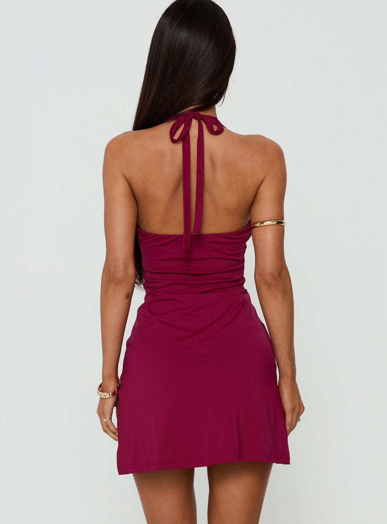 Kearney Ruched Tie Neck Mini Dress Wine