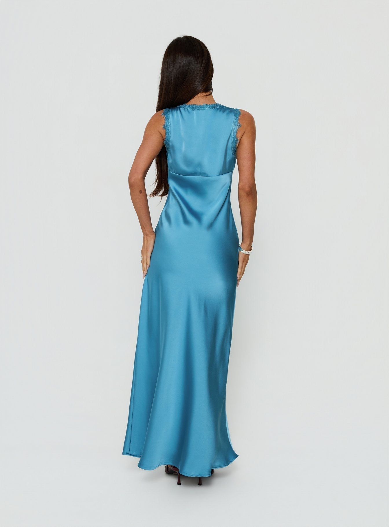 Damelia Tie Detail Lace Trim Maxi Dress Blue