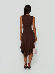 Louisia V Neck Hanky Hem Midi Dress Brown
