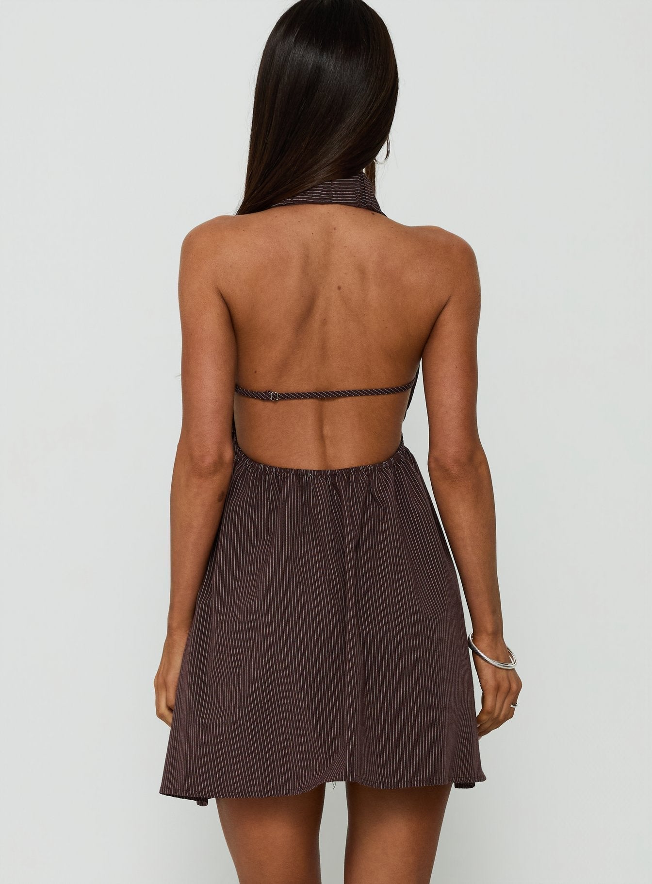 Ellisan Halter Scoop Back Mini Dress Chocolate Stripe
