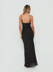 Alasia Lace Trim V Neck Maxi Dress Black Floral
