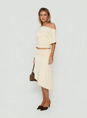 Sezzia Ruched Asymmetrical Midi Skirt Beige