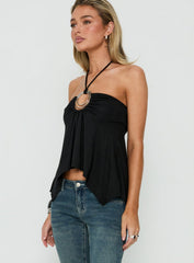 Betsey Ring Detail Tie Neck Top Black