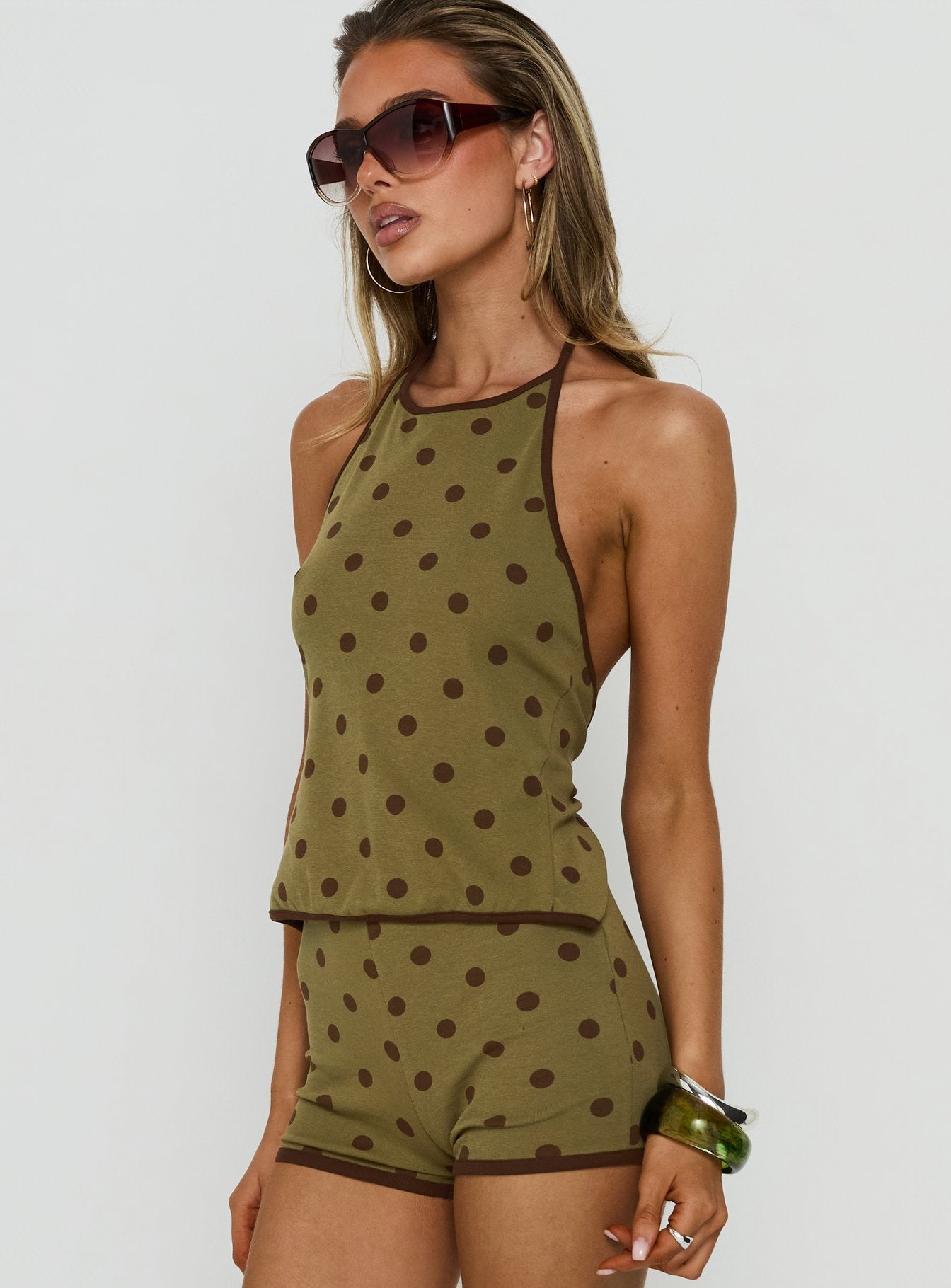 Speranza High Neck Halter Top Green Polka Dot