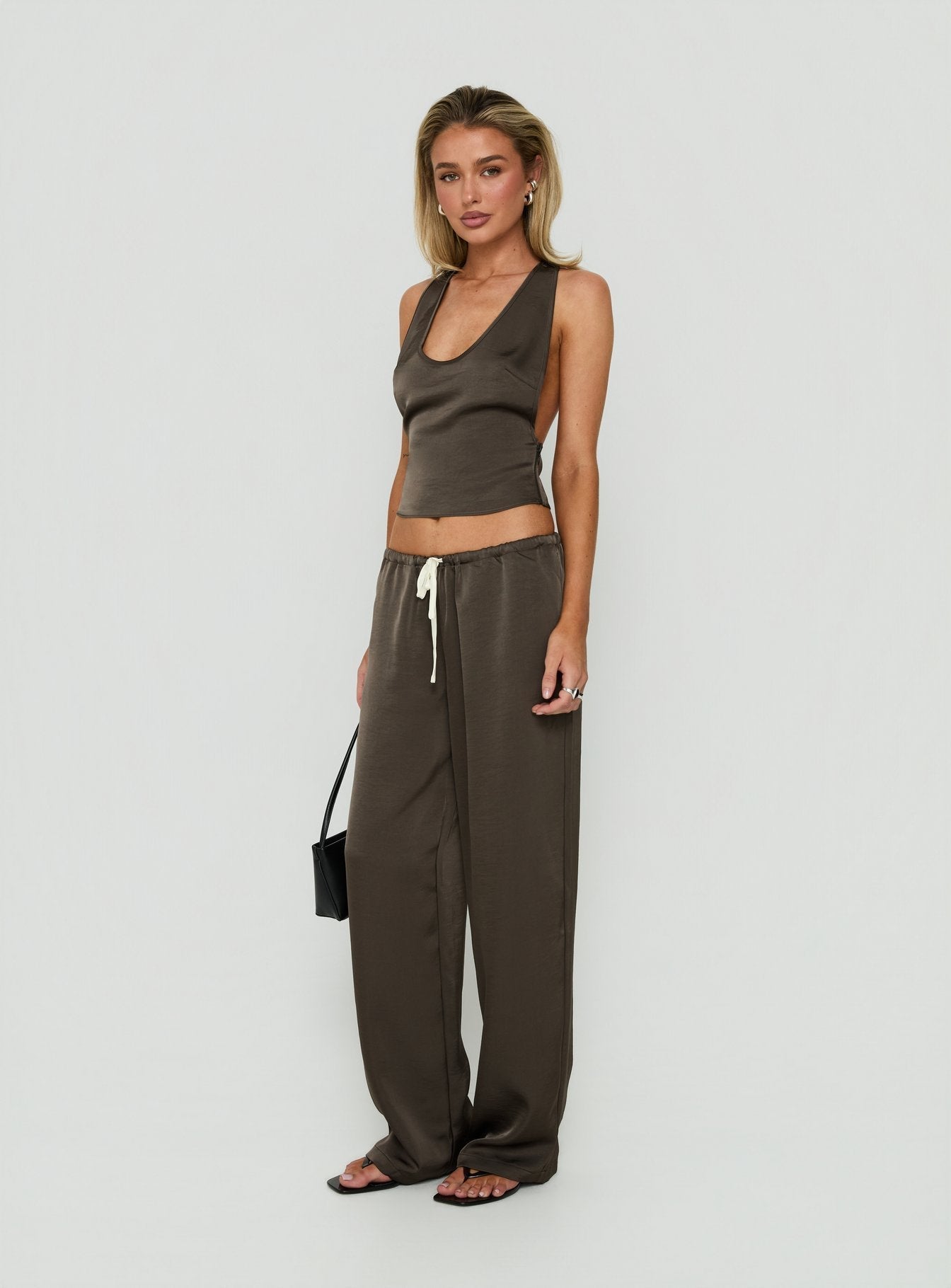 Dialled Up Tie Waist Satin Pants Mocha