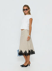 Downtown Scene Lace Trim Maxi Skirt Cream Polka
