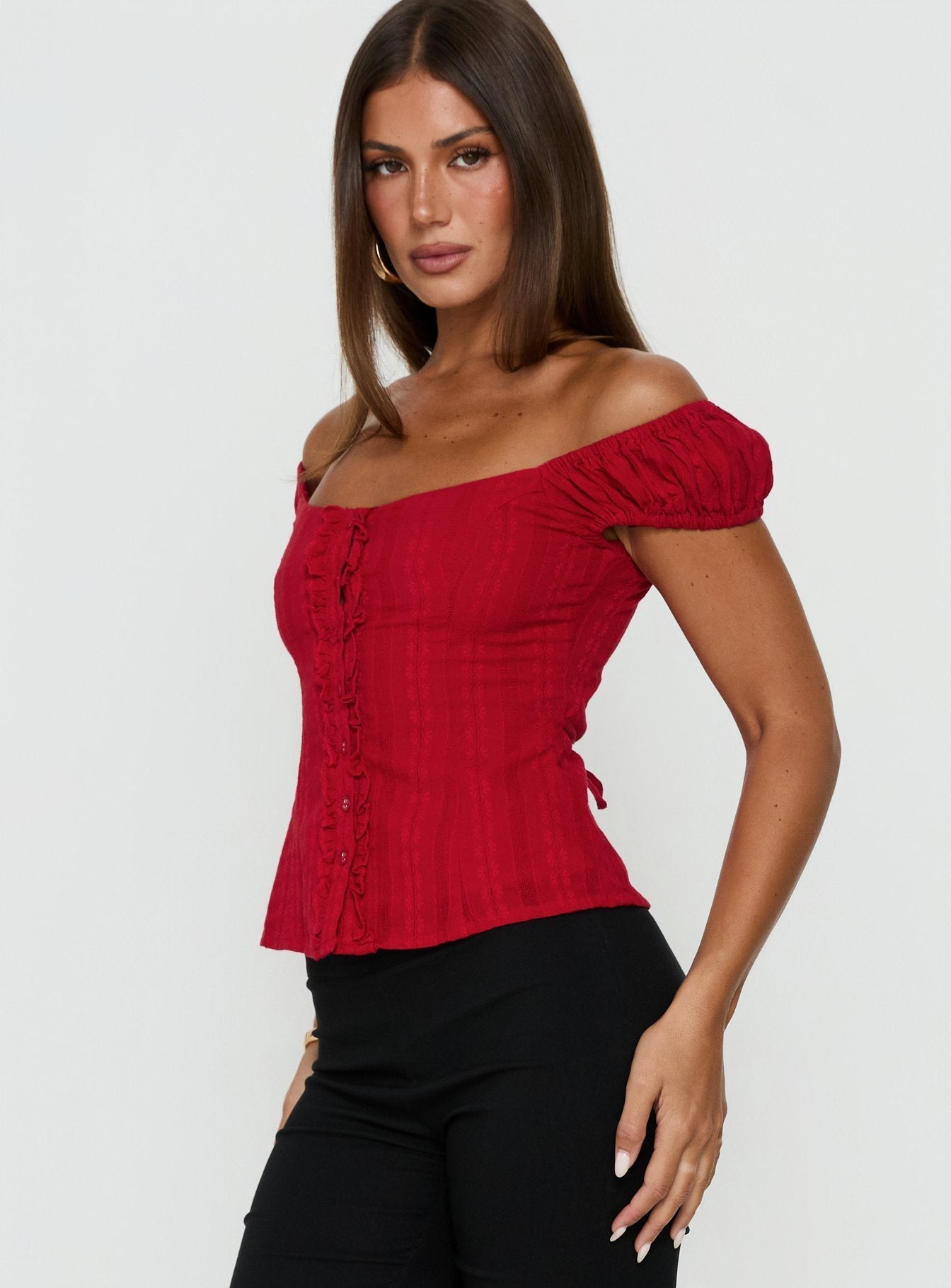 Gysella Off Shoulder Woven Top Red