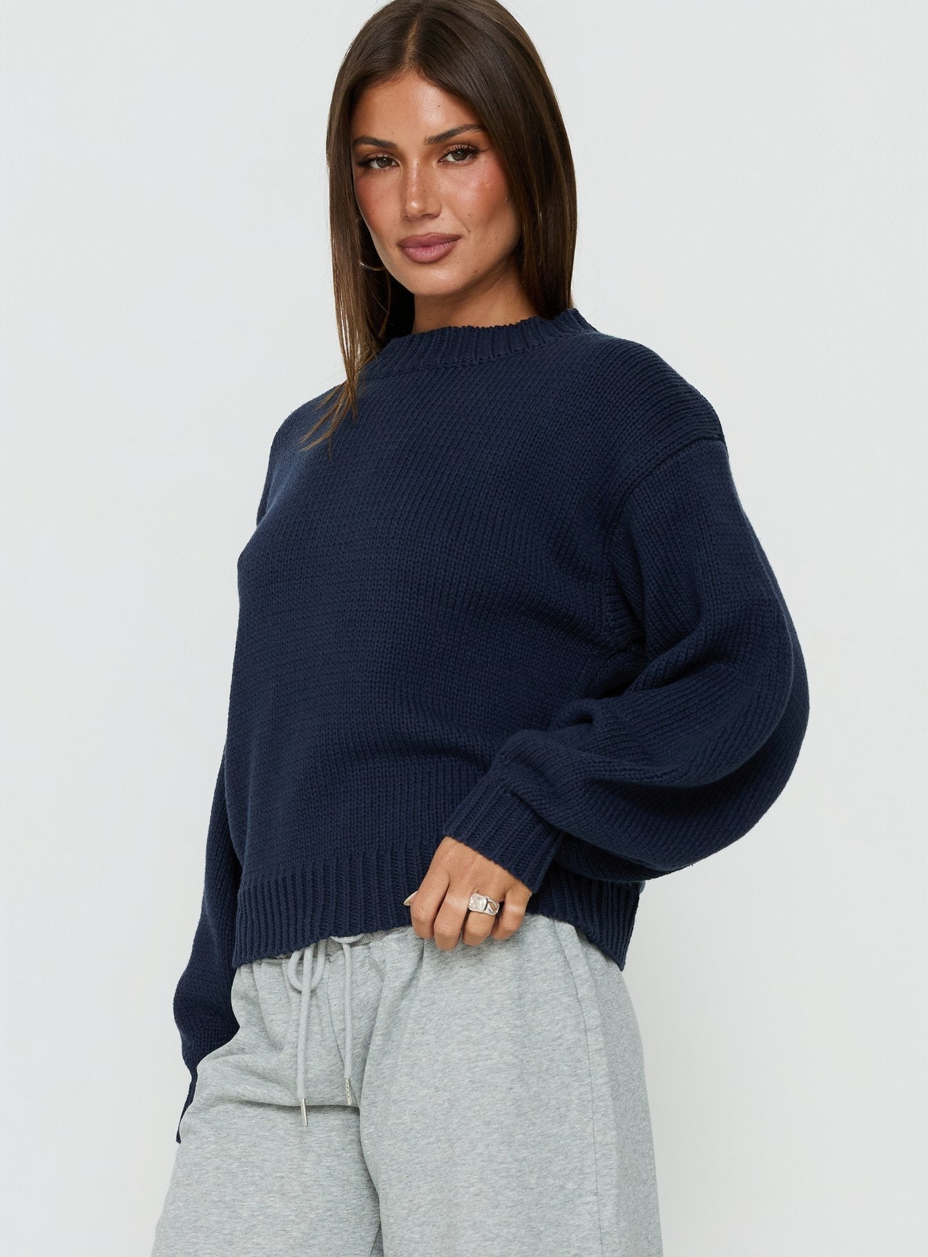 Harmony Balloon Sleeve Knit Sweater Navy