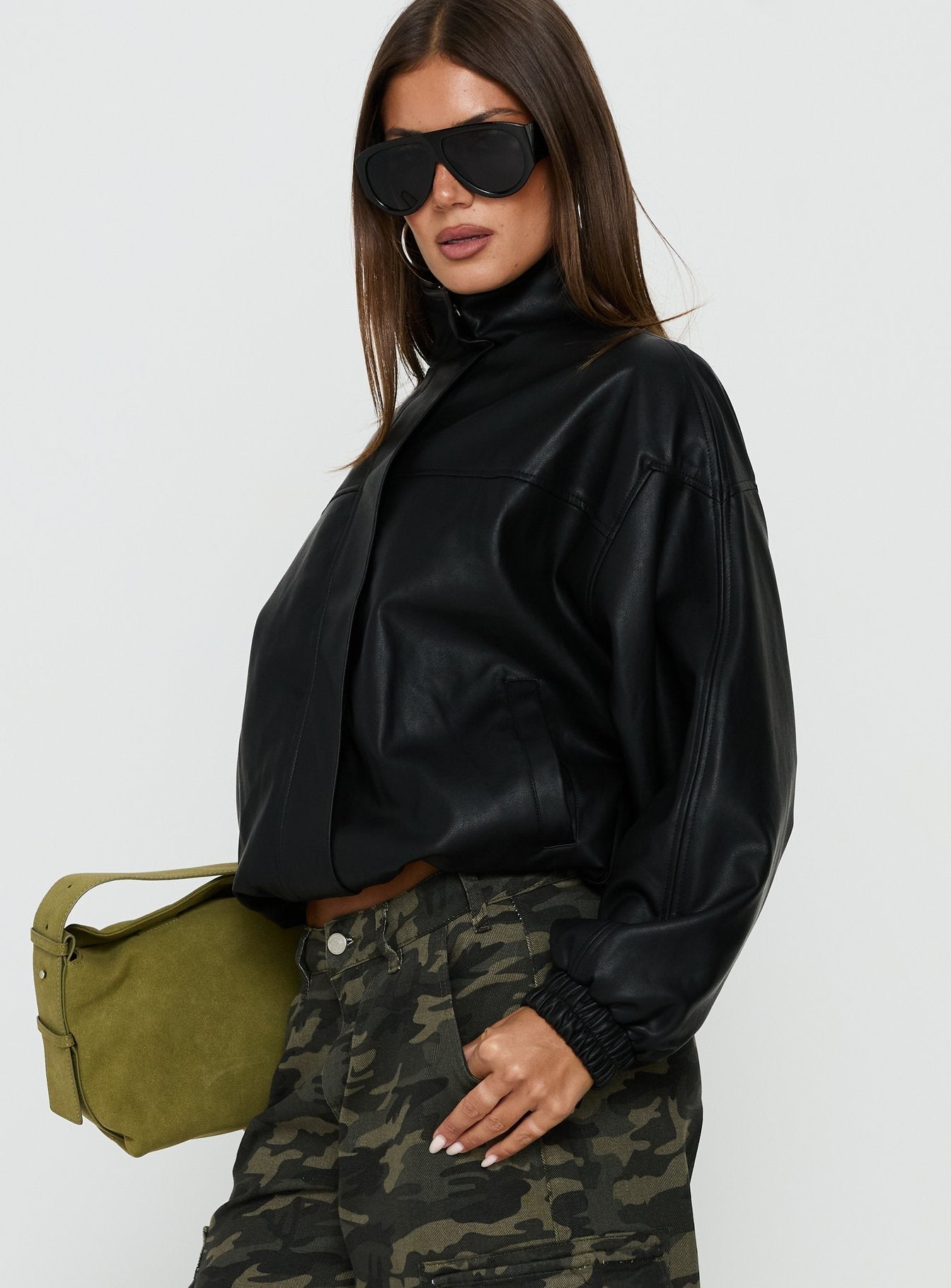 Dialtone Funnel Neck Faux Leather Jacket Black