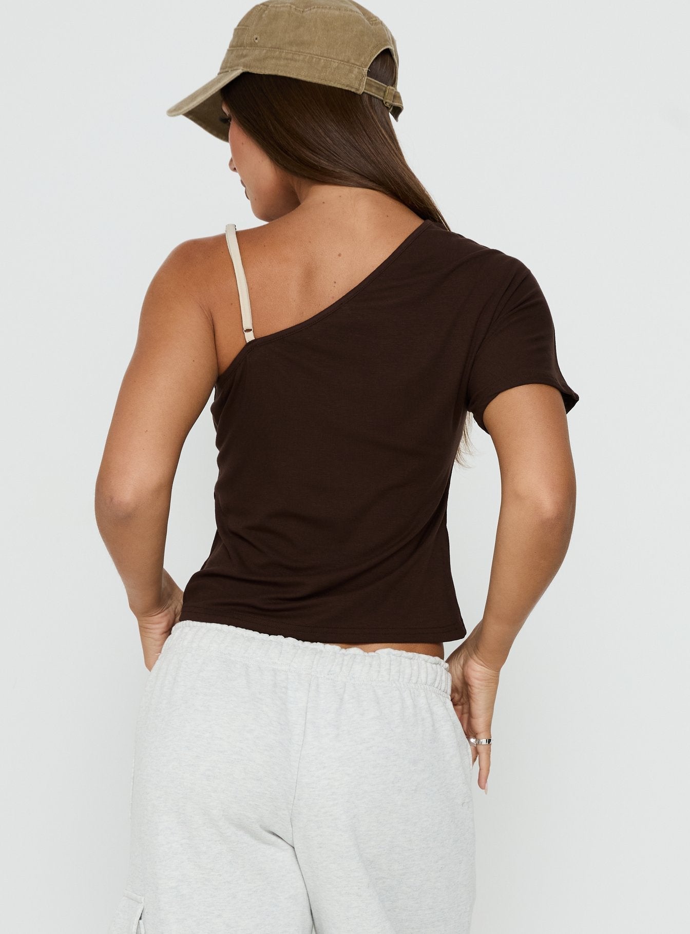 Lunea One Shoulder Contrast Top Brown / Cream