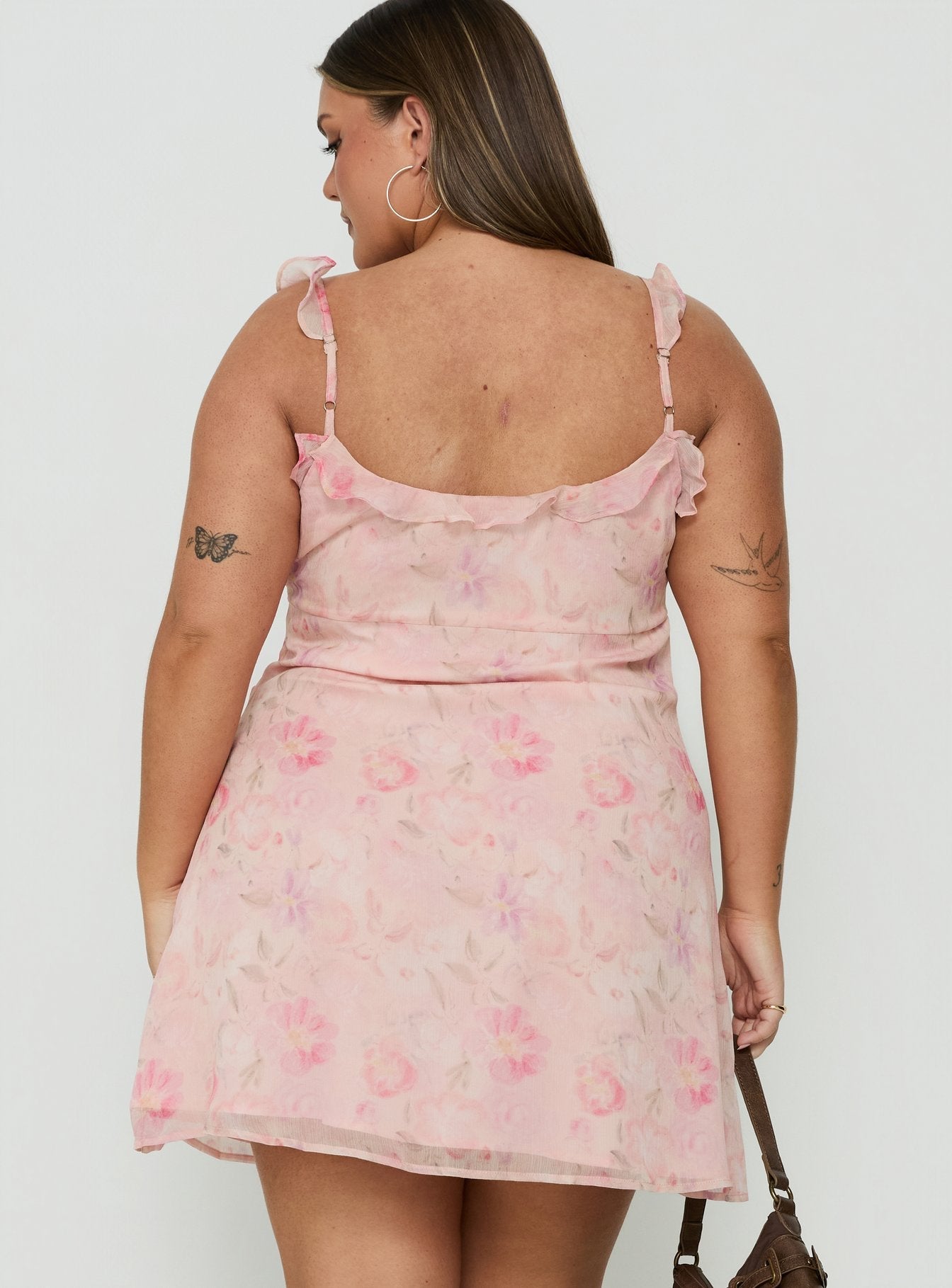 Dewdrops Chiffon Frill Mini Dress Pink Floral Curve