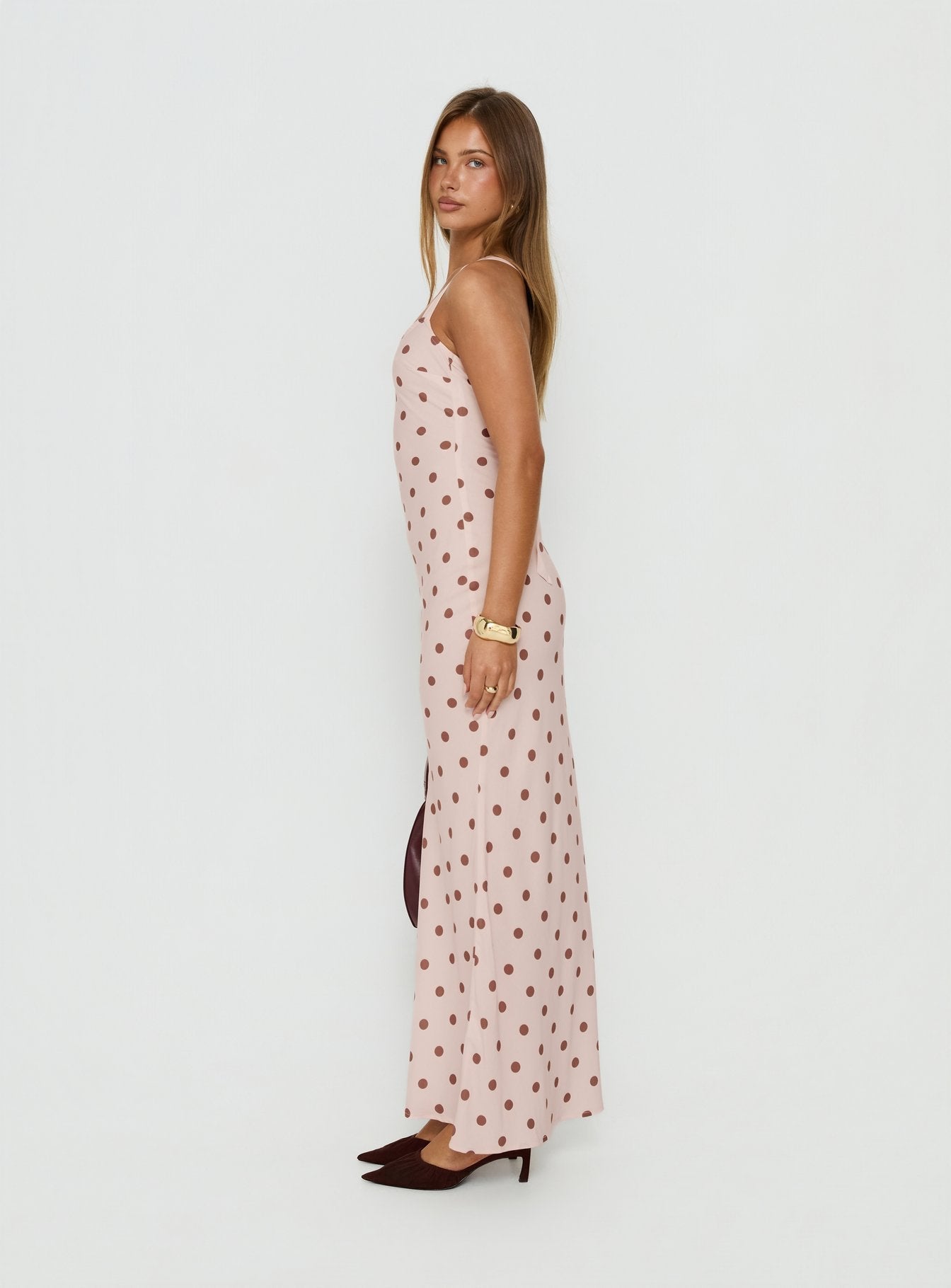 Picante Bias Cross Back Maxi Dress Pink Polka