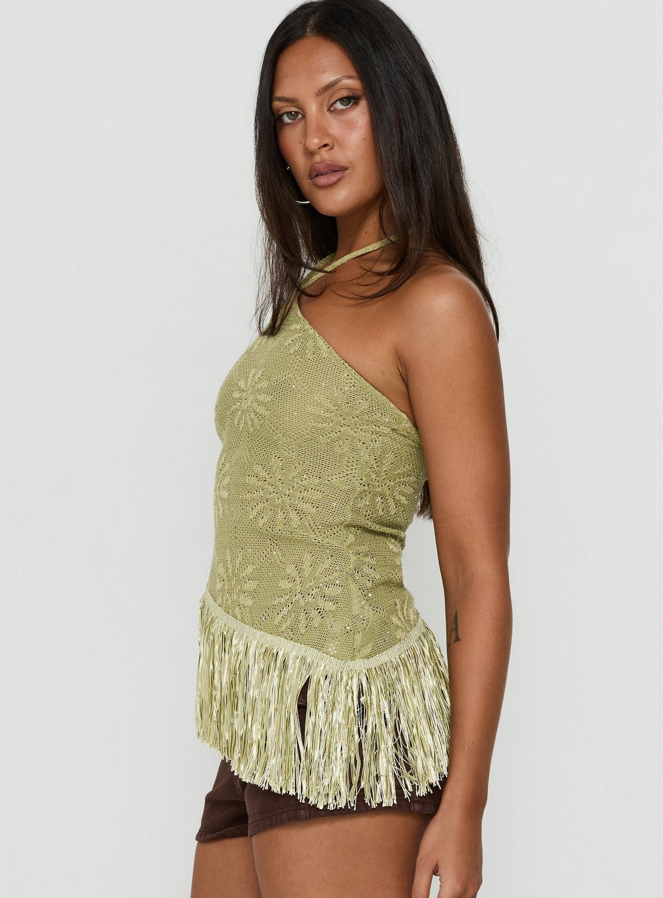 Masina Arrowneck Fringe Detail Top Green