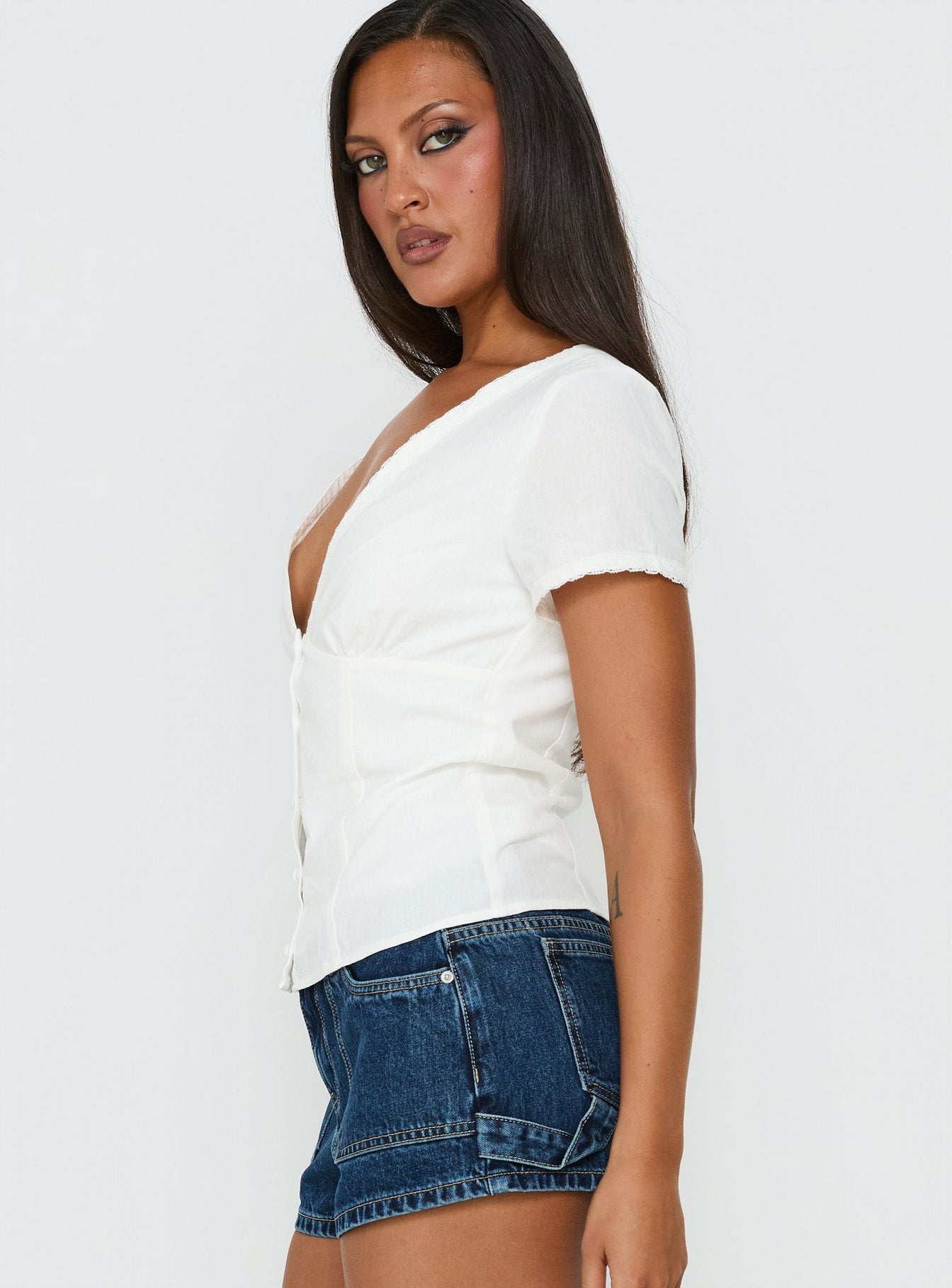 Small Fortune Lace Trim Short Sleeve Blouse Top White
