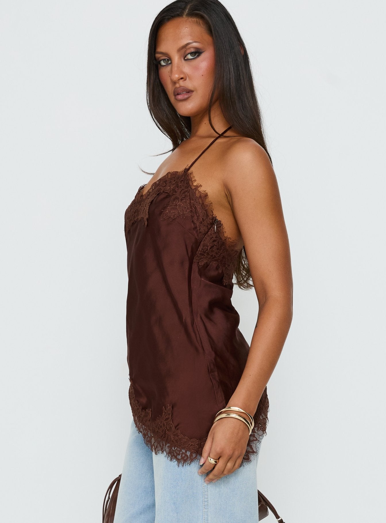 Cosetta Lace Trim Asymmetrical Cami Top Chocolate