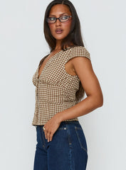 Bradlie Frill Detail Short Sleeve Blouse Top Chocolate Gingham