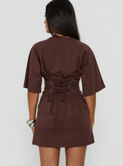 Enzia Raglan Lace Up Mini Dress Brown