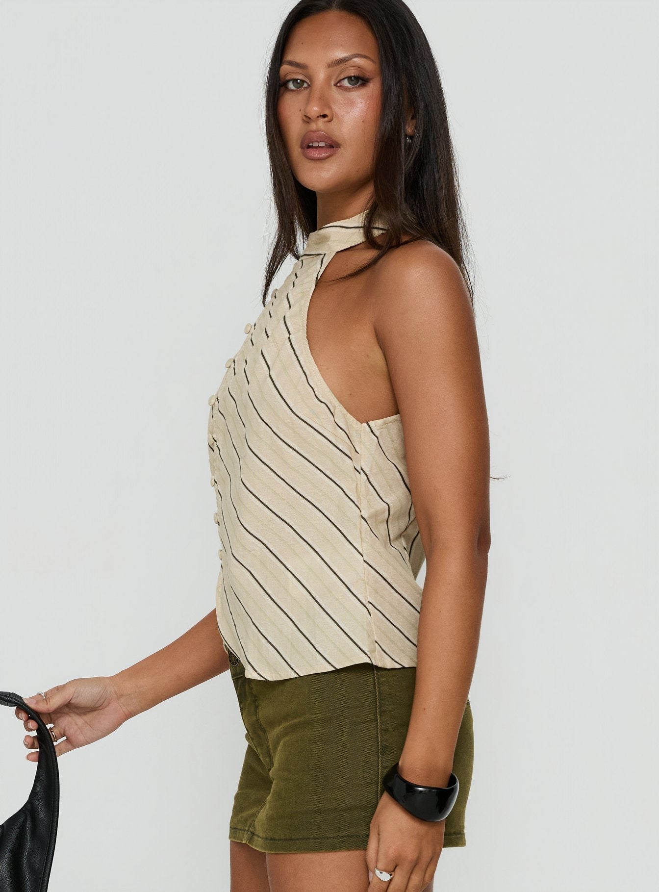 Iggya Button Detail High Neck Top Beige Stripe