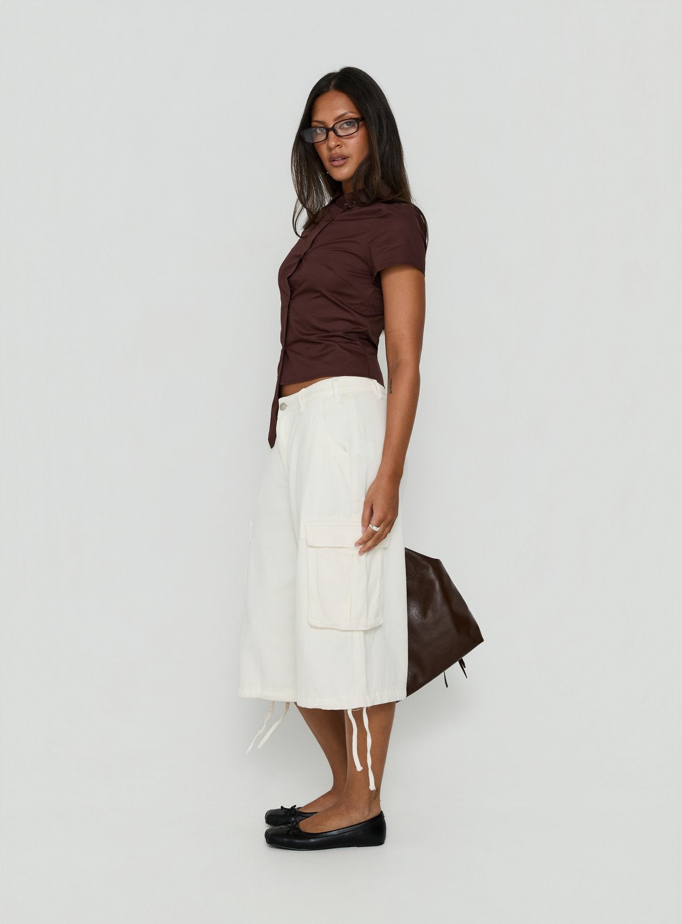 Naomee Asymmetrical Collared Short Sleeve Top Chocolate