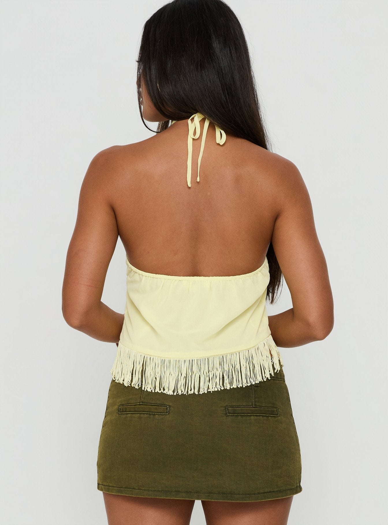 Junaya Arrowneck Fringe Detail Top Lemon