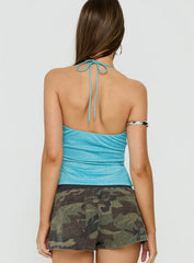 Velvet Chaos Floral Detail Halter Top Blue