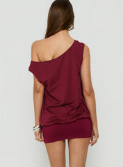 Ellah One Shoulder Drapey Mini Dress Wine