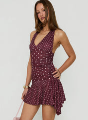 Mariellen Halter Mini Dress Plum Polka Dot