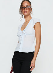 Kalysa Ruffle Short Sleeve Blouse Top Blue Stripe