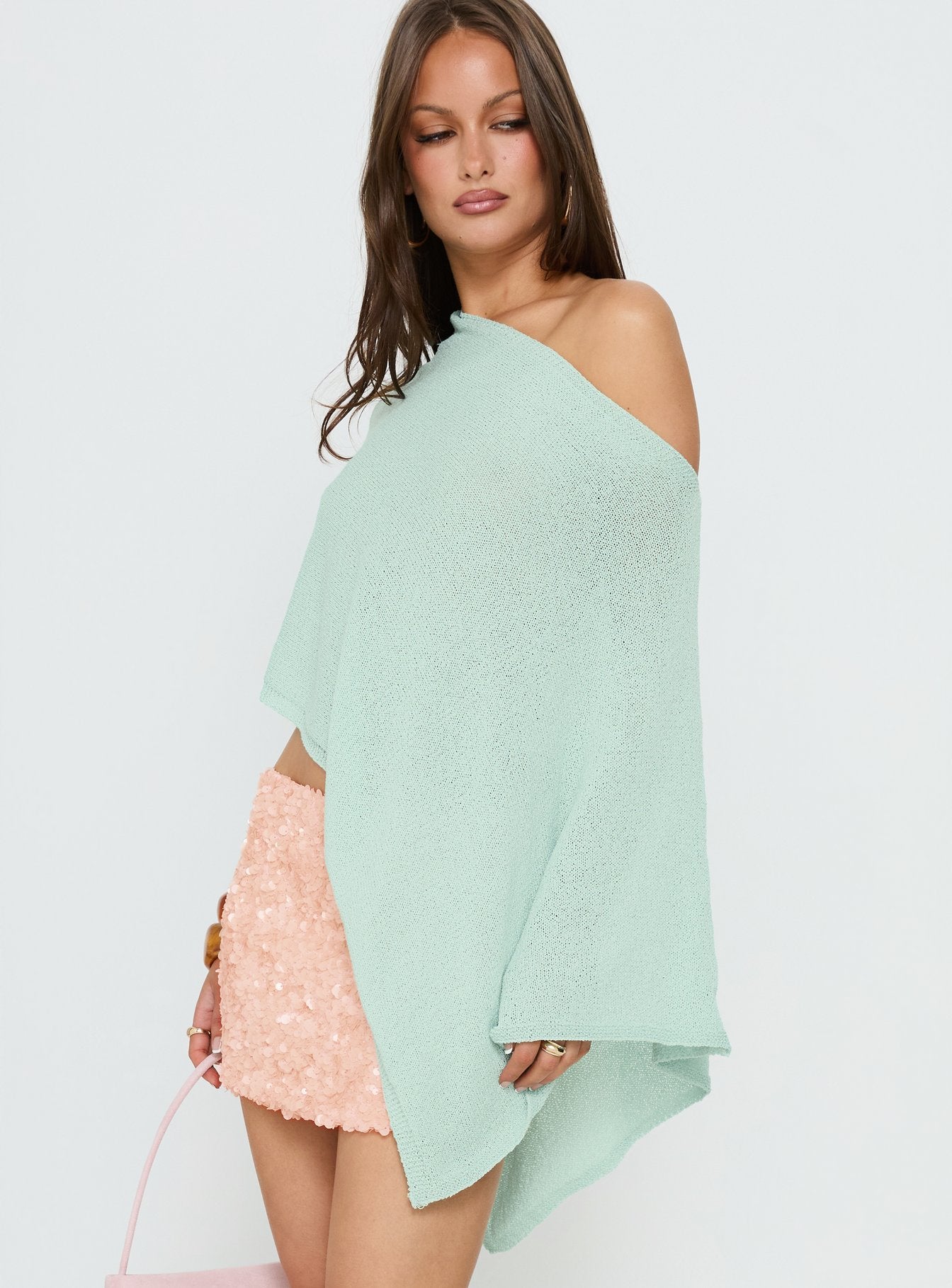 Rouse Off Shoulder Knit Poncho Jelly Mint