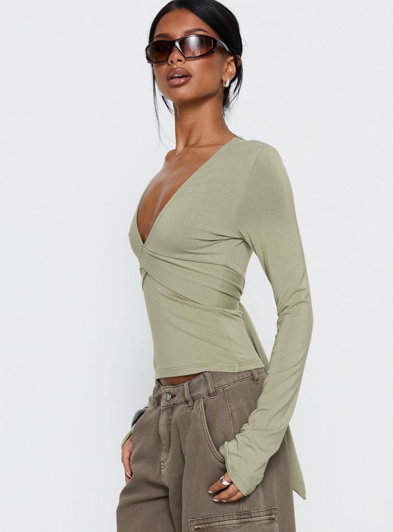Madelon Long Sleeve Wrap Top Sage