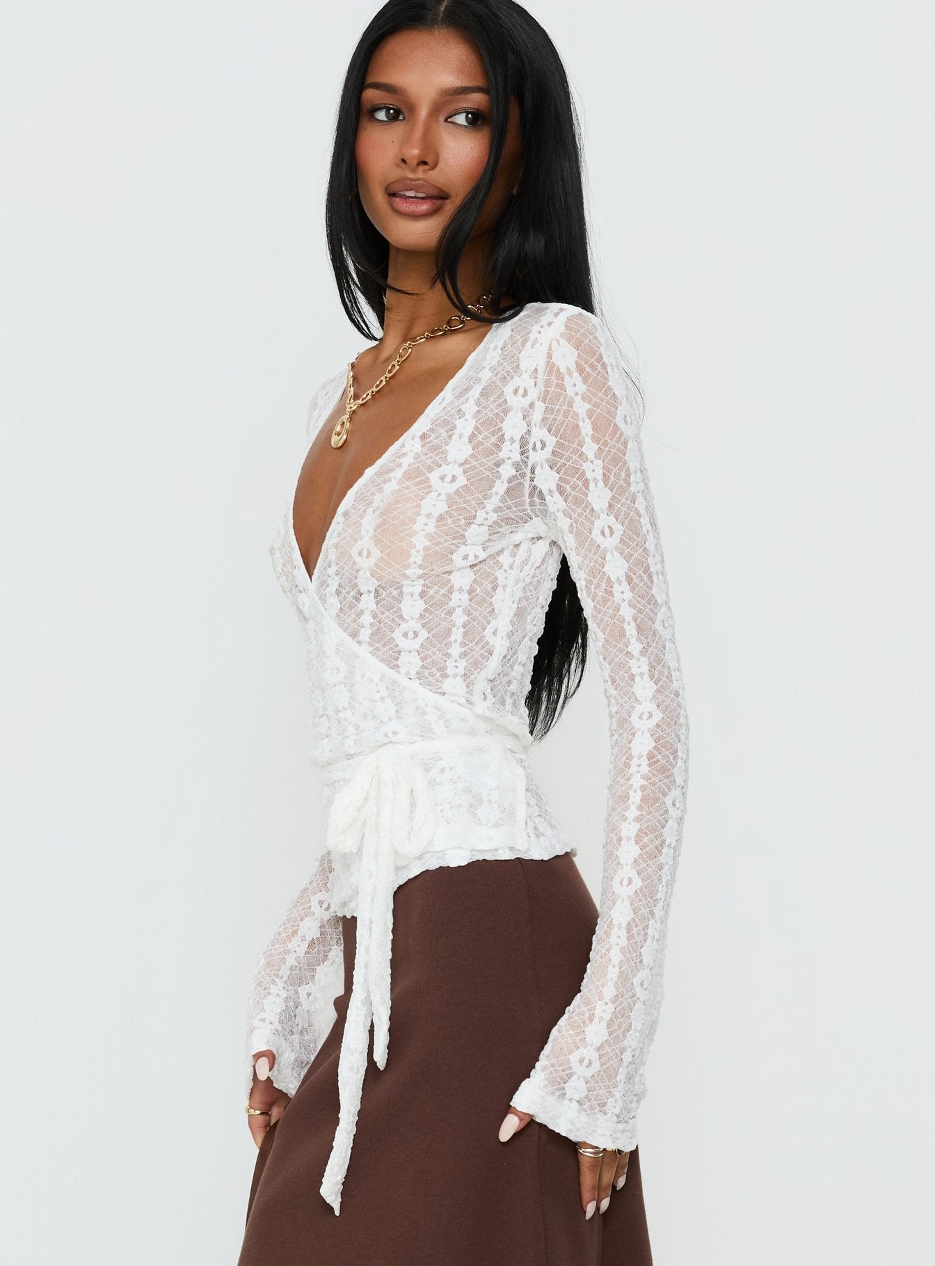 Melara Lace Long Sleeve Wrap Top White
