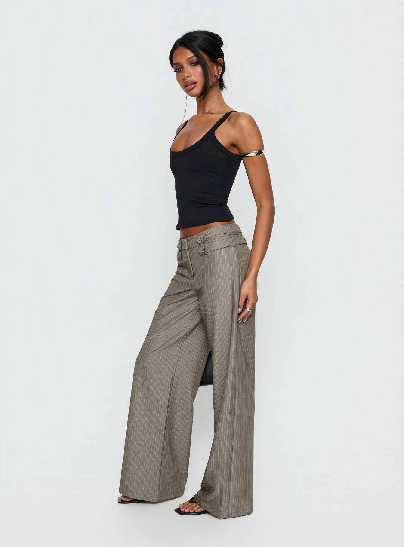 Jette Tailored Buckle Pant Taupe Pinstripe