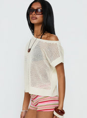 Lorenzina Sheer Crochet Off Shoulder Top Cream