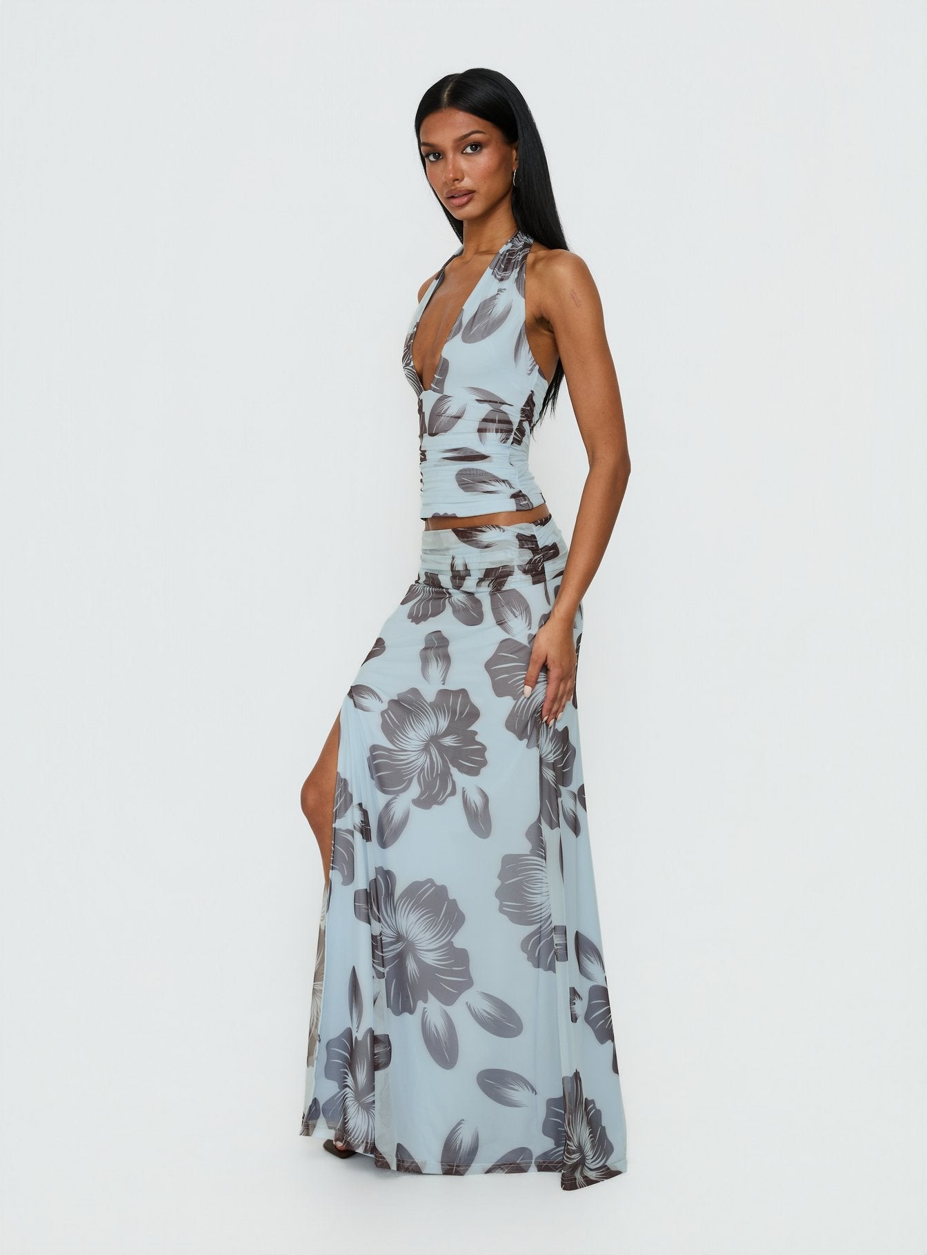 Roselin Mesh Maxi Skirt Blue Floral