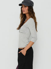 Back To Friends V Neck 3/4 Sleeve Top Grey Marle