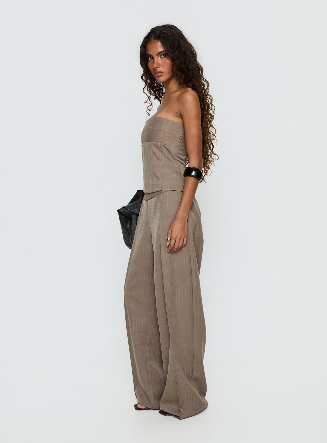Madelle Mid Rise Straight Leg Pants Brown Pinstripe