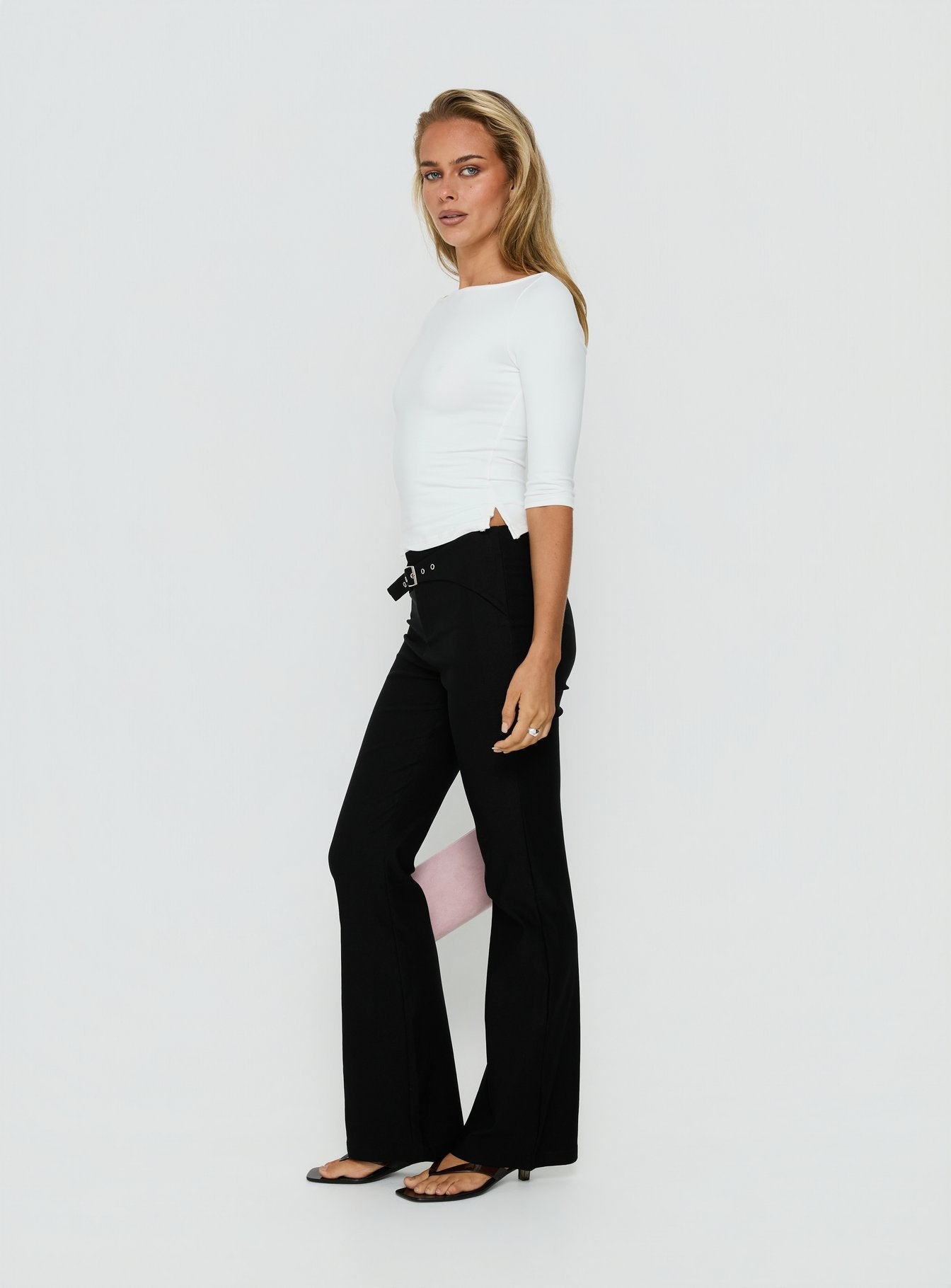 Viridian Belted Flared Pants Black