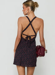 Rosabelle Halter Satin Mini Dress Navy / Red Floral