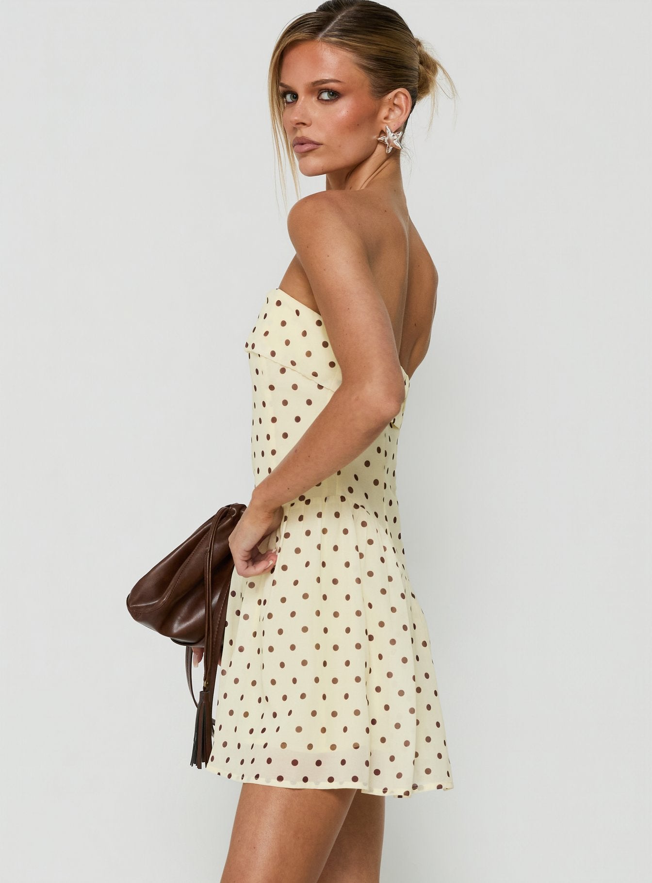 Dalona Strapless Drop Waist Mini Dress Yellow Polka Dot