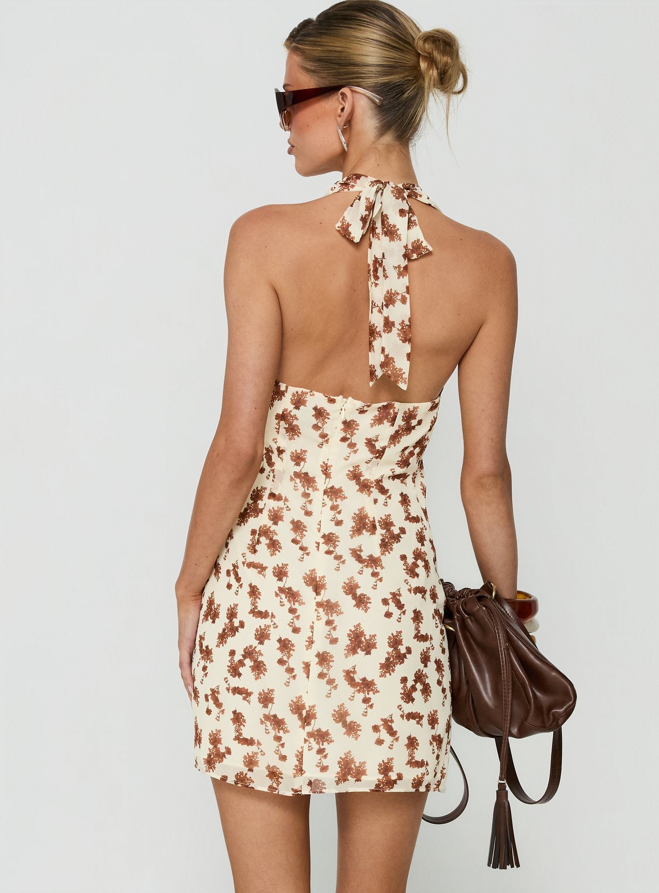Jaymia Plunge Halter Mini Dress Yellow Floral
